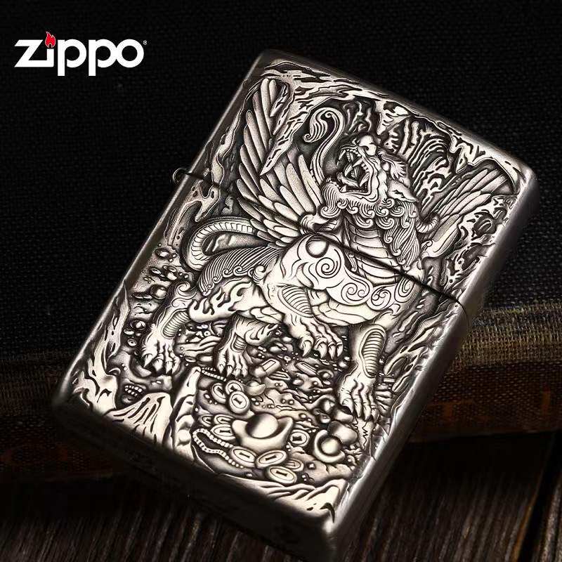 打火机zippo正版原装 纯银机盔甲浮雕天禄 男士煤油防风收藏礼品