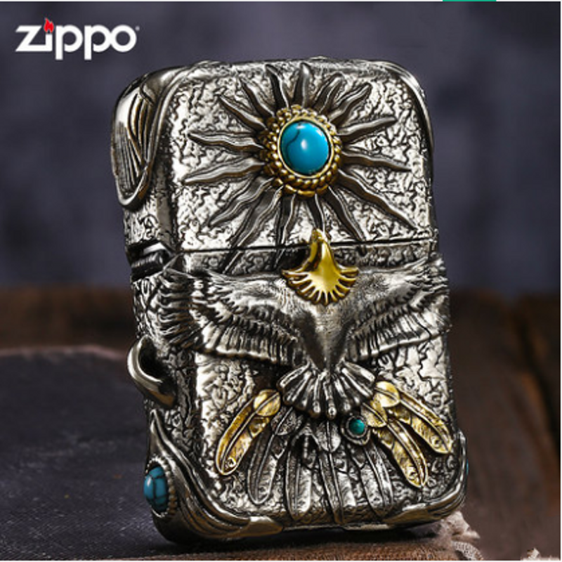 zippo打火机正版原装 绿松石镶嵌浮雕烈日雄鹰羽毛翅膀 收藏礼品