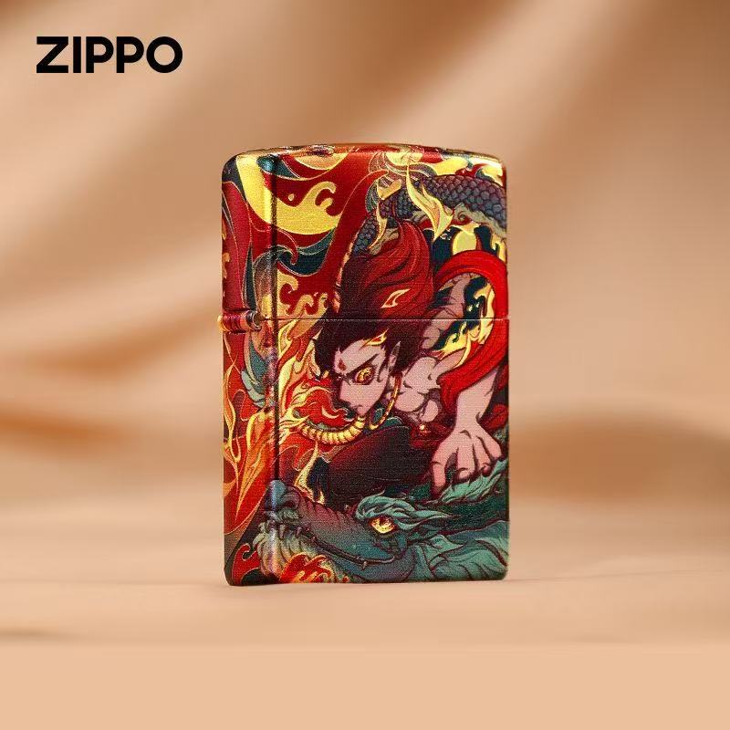 zippo打火机古法包银烫金哪吒