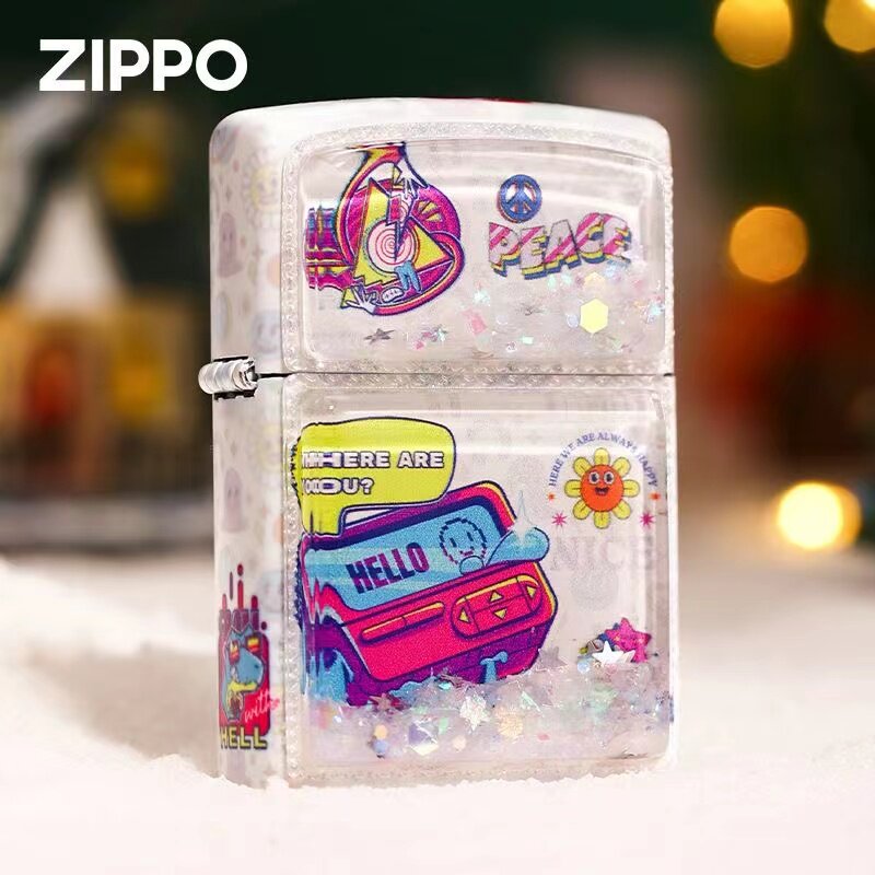 zippo打火机正品 流沙贴章彩印白色快乐信息 煤油机防风男士礼物