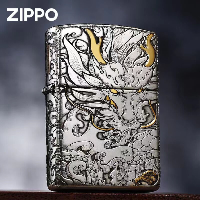 zippo打火机正品原装 纯银机镶嵌祥云龙腾四海 男士防风煤油礼物