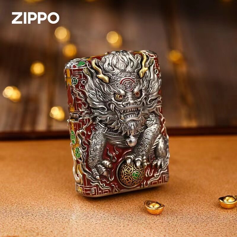 zippo打火机古银套壳灵动麒麟