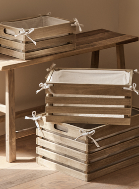 木质收纳篮桌面杂物筐复古实木收纳筐客厅厨房储物篮零食水果筐