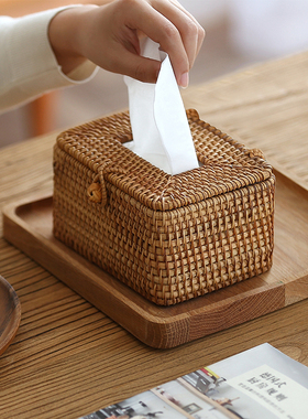 手工藤编纸巾盒家用办公桌客厅卫生间餐巾抽纸车载纸巾盒车用摆件