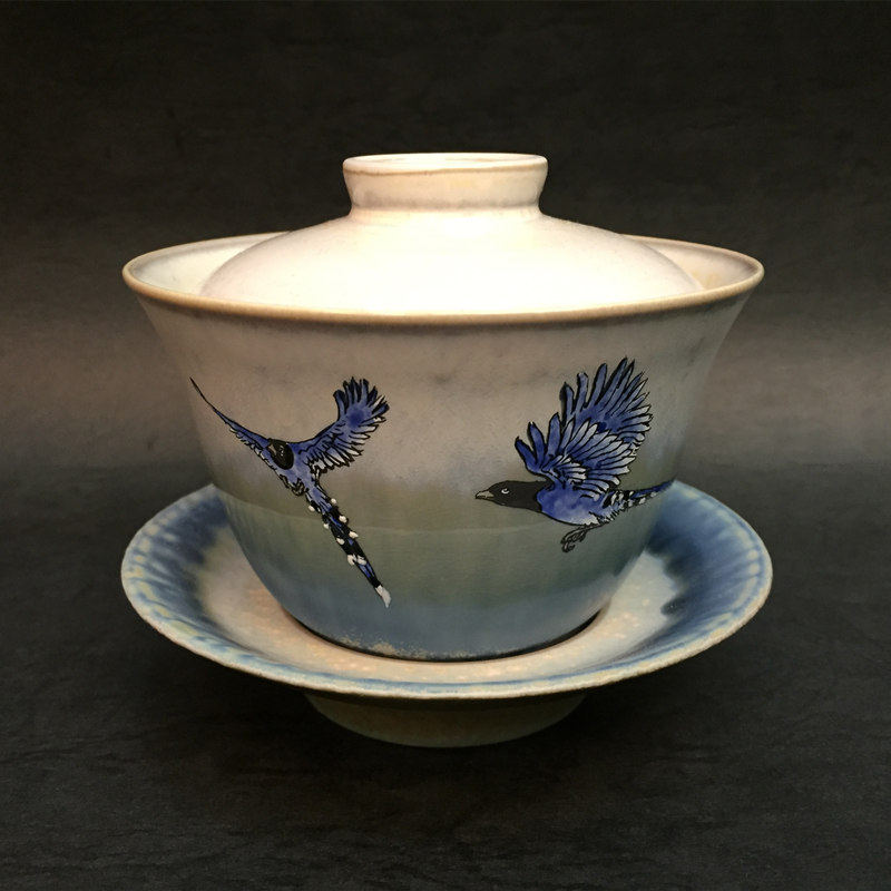 筷子台湾陆羽整套茶具陶瓷新品杯子功夫茶具大号白瓷蓝鹊盖碗单个