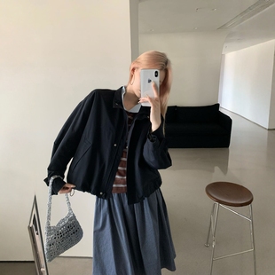 Enxi蒽茜20502韓版 上衣 短款 寬松休閑百搭立領(lǐng)夾克外套女2025秋季