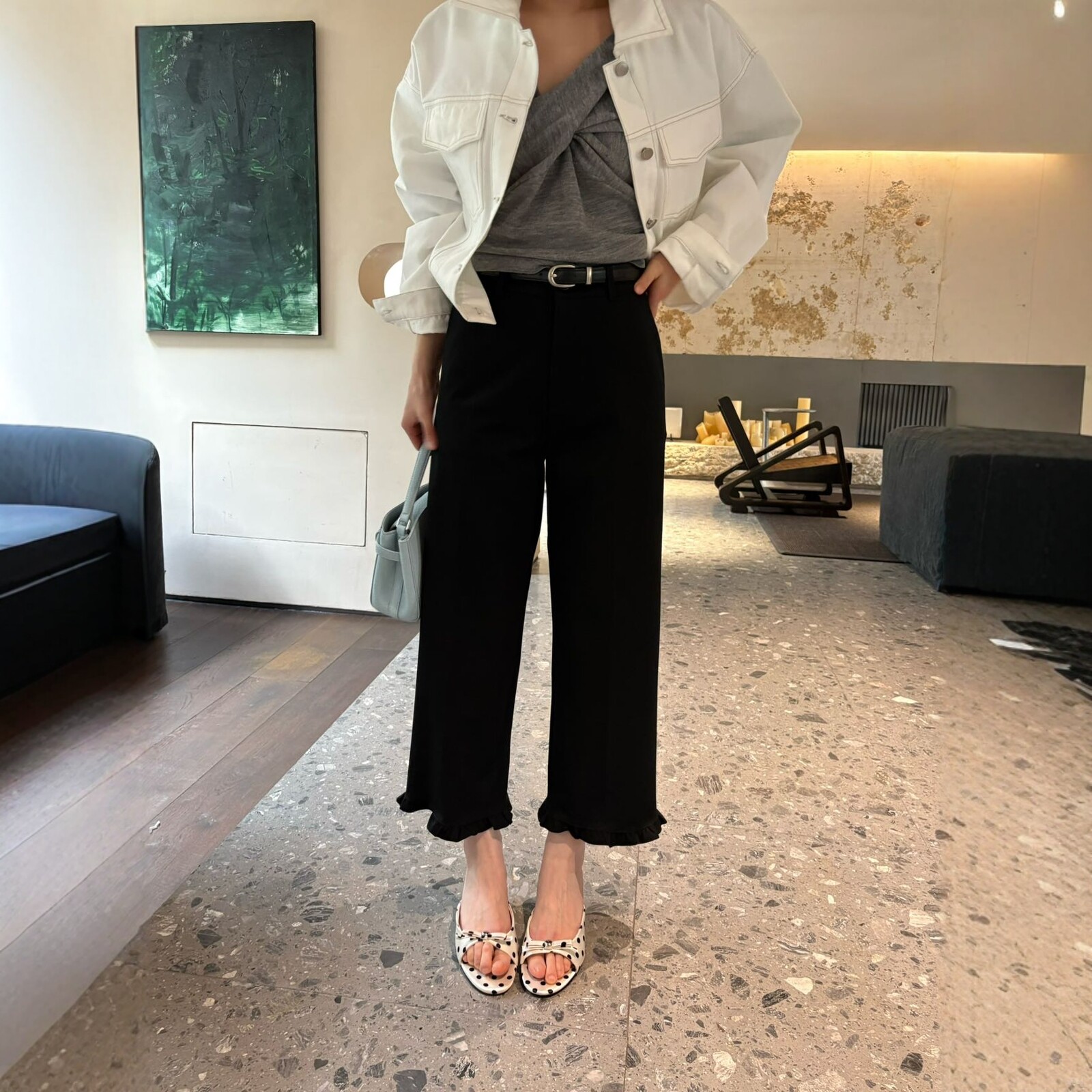 Enxi蒽茜20818韩系黑色高腰直筒花边九分西装裤女2026春季法棍裤