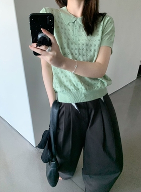 卡蔓诗25360韩系翻领镂空提花短袖针织衫女2025秋季简约百搭上衣