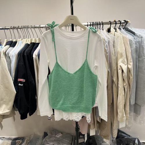 AI MI TI艾米缇2025春季韩系针织吊带叠穿蕾丝拼接T恤两件套女