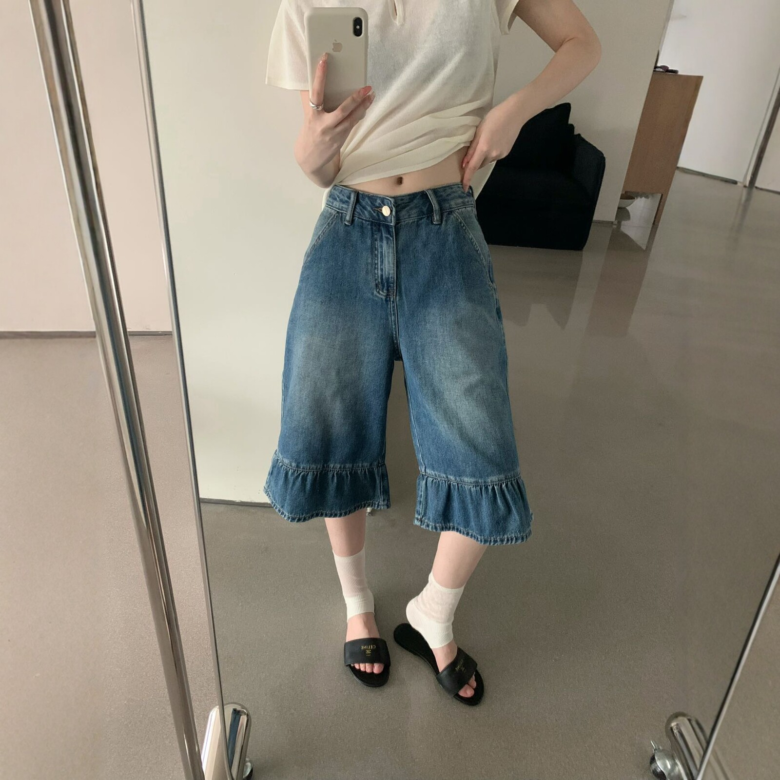 韩系高腰阔腿七分牛仔裤女百搭