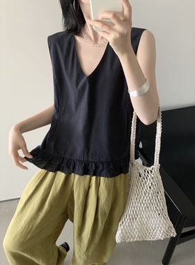 Enxi蒽茜20307韩系V领木耳边下摆无袖衬衫女2025夏季显瘦百搭上衣