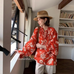 女2026春减龄百搭衬衫 韵芭莎8100韩系绑带度假风碎花苎麻长袖 小衫