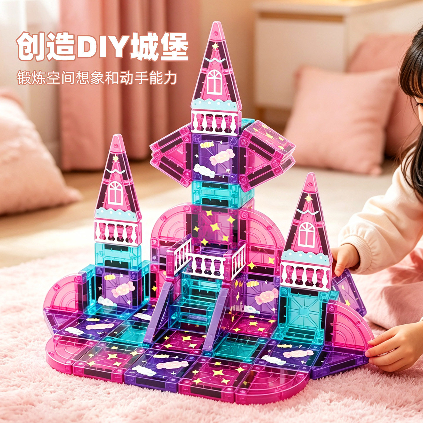 儿童磁力积木拼装玩具 百变DIY城堡益智磁力片 女孩创意拼搭积木