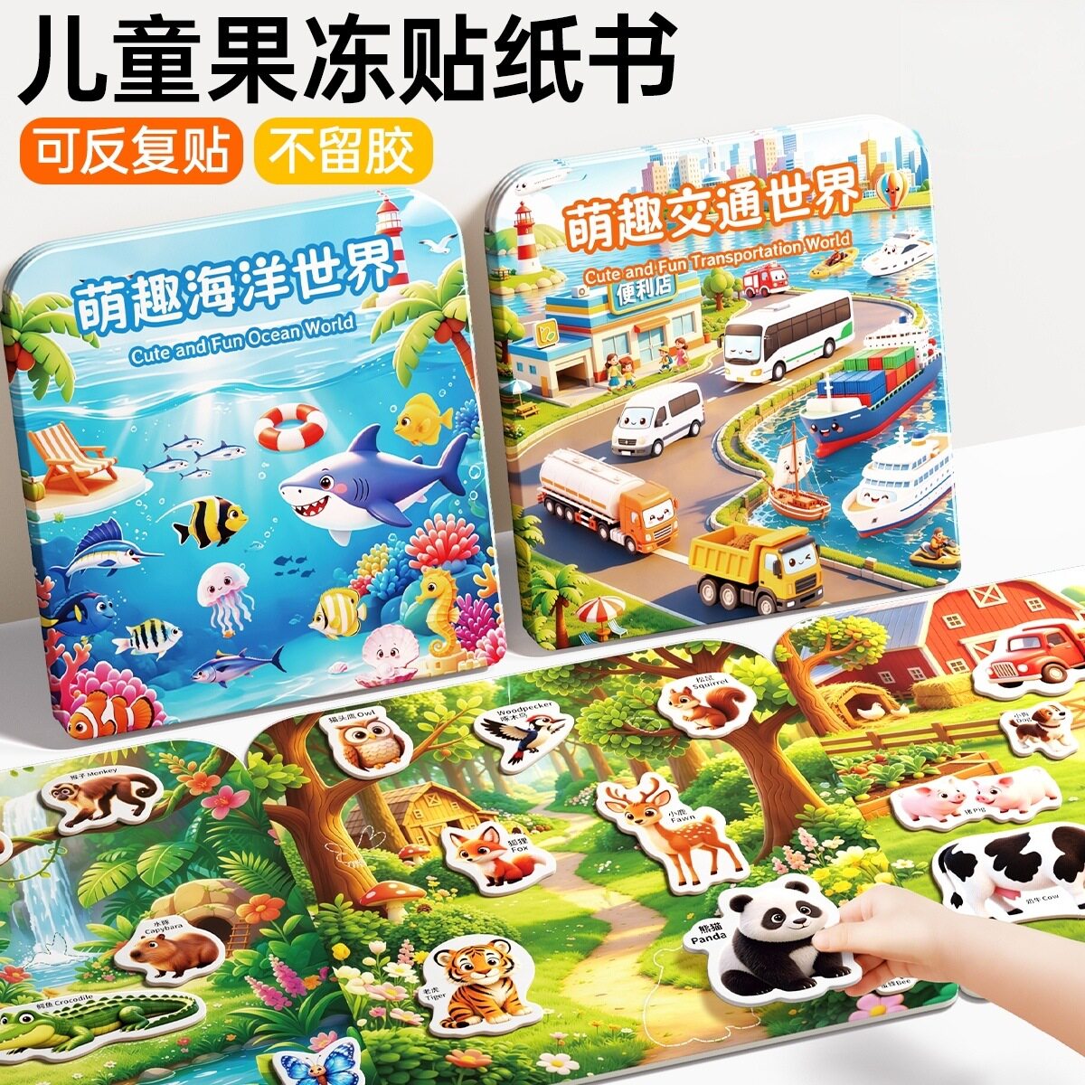 儿童果冻贴纸书安静3岁1双语认知启蒙早教益智玩具专注力逻辑训练