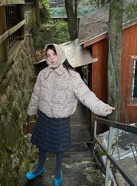 Eve H 冬天的复古女孩碎花羽绒上衣外套女