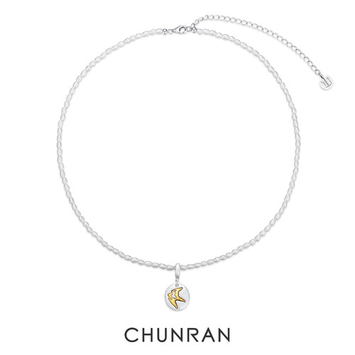 CHUNRAN925银珍珠飞鸟圆牌项链