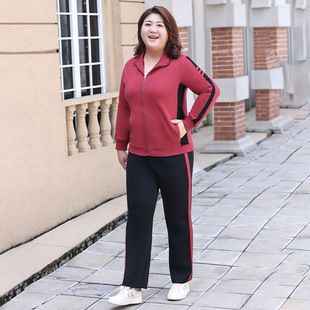 胖 mm 大码运动套装女春秋遮肉显瘦酒红拼接宽松休闲服撞色两件套