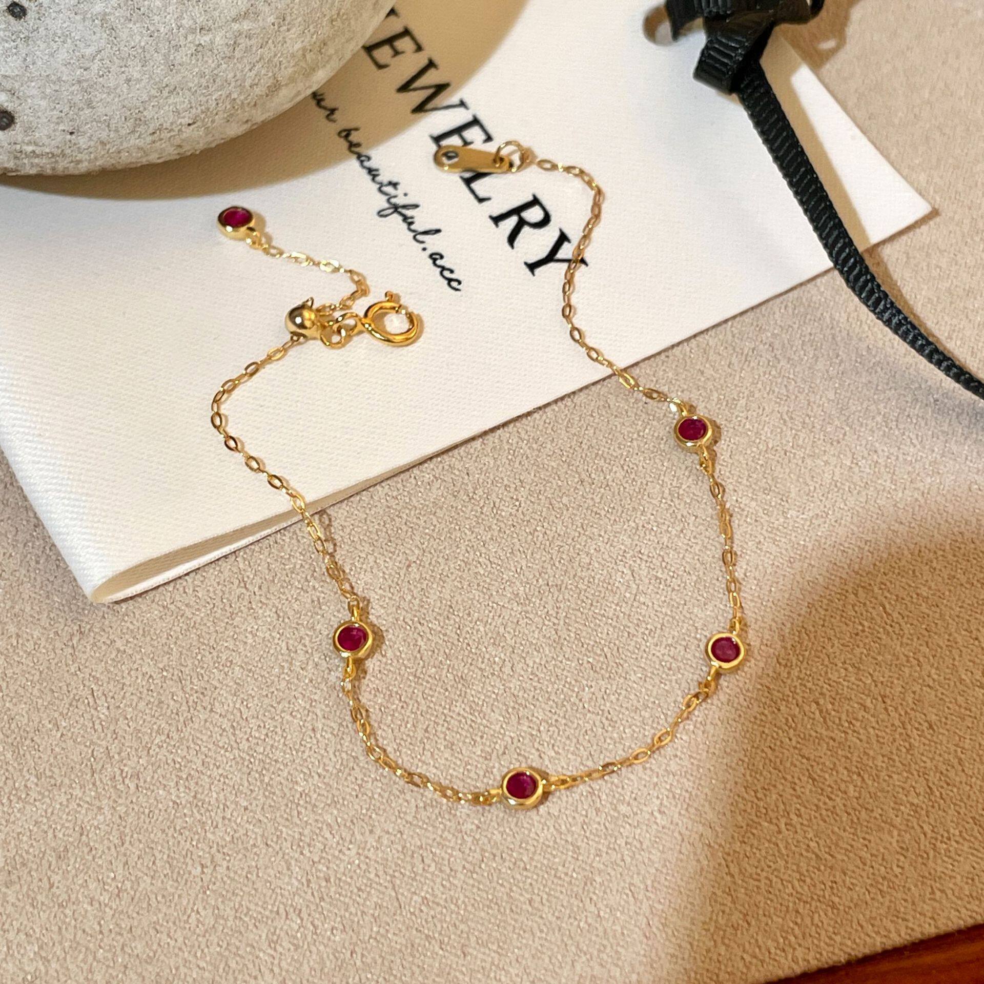 S925纯银镀18K金 红宝石迷你手链高级轻奢精致本命年时尚百搭手饰