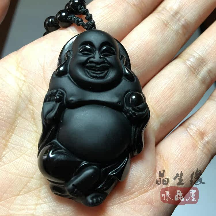 黑曜石水晶毛衣链饰品弥勒佛吊坠