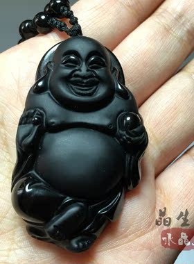 黑曜石水晶毛衣链饰品弥勒佛吊坠