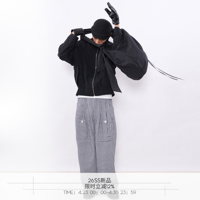 藏青白格纹贴袋二褶裥棉麻休闲裤