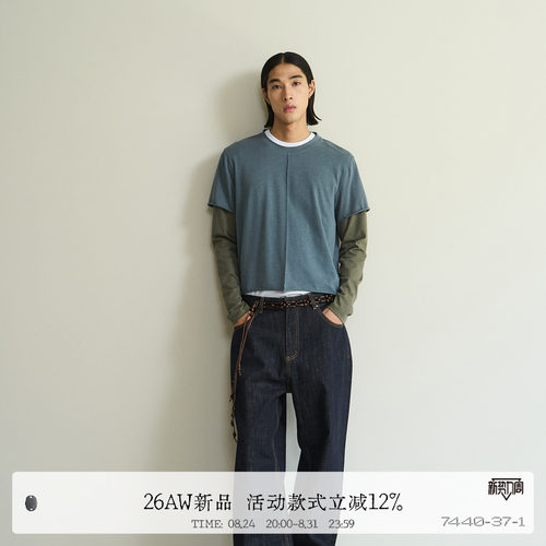 绵羊毛匹马棉混纺假两件拼色T恤