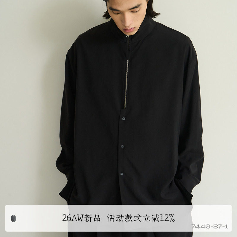 7440 37 1 AW26 醋酸天丝双种门襟开合立领落肩廓形 阿拉伯衬衣