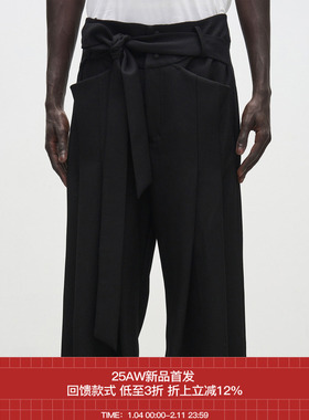 7440 37 1 SS24 复古高腰头包布扣飘带长压褶阔腿西裤