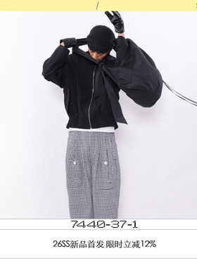 [海岸棋 7440 37 1 SS26 藏青白格纹贴袋二褶裥棉麻休闲裤