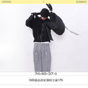 海岸棋 SS26 7440 藏青白格纹贴袋二褶裥棉麻休闲裤