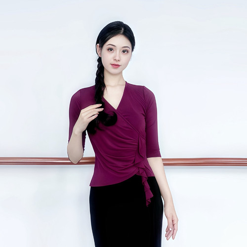 显瘦现代舞服装莫代尔中袖交叉V领瑜伽形体古典训练舞蹈服女新款