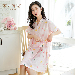 夏季薄款哺乳睡裙纯棉纱布孕妇喂奶连衣裙产妇待产睡衣裙子和服款