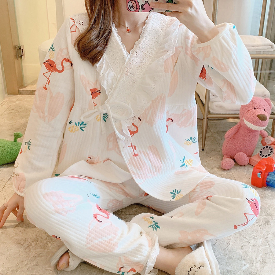 孕妇家居服空气棉纯棉哺乳睡衣火烈鸟加厚女月子服秋冬斜襟和服款