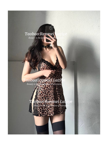 RenmeiLuziye 【碰撞】美式高级性感豹纹蕾丝诱惑吊带睡裙显瘦女