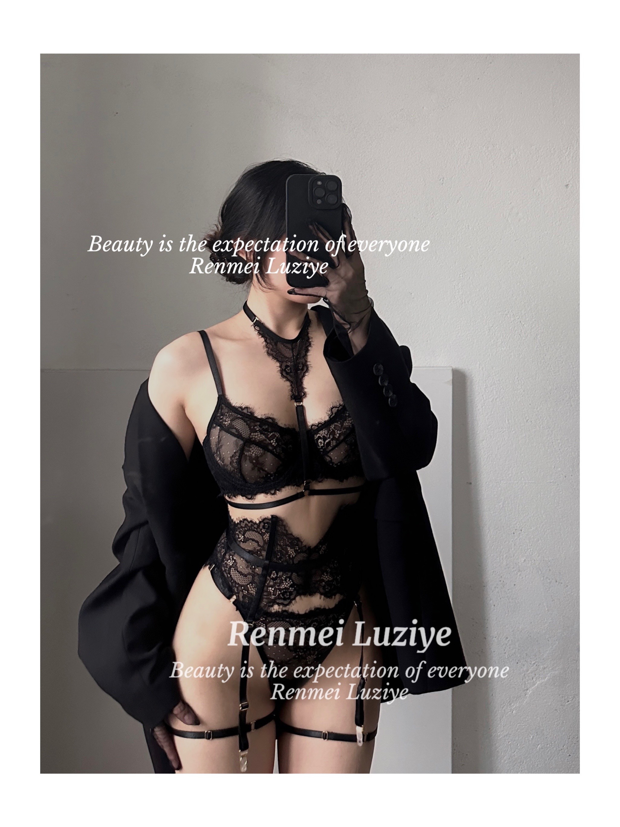 RenmeiLuziye【配合】优质版性感蕾丝睫毛边鱼骨封腰显瘦内衣套装