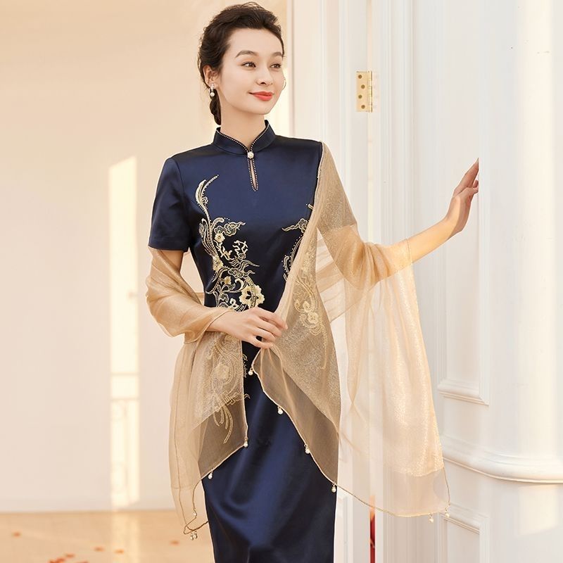 四季可用2025香槟色双层围巾真丝女丝巾礼服旗袍披肩婚庆珍珠吊坠