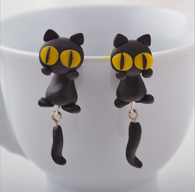 软陶耳环手工耳饰卡通黄色眼睛小猫咪可爱猫咪奶牛耳钉