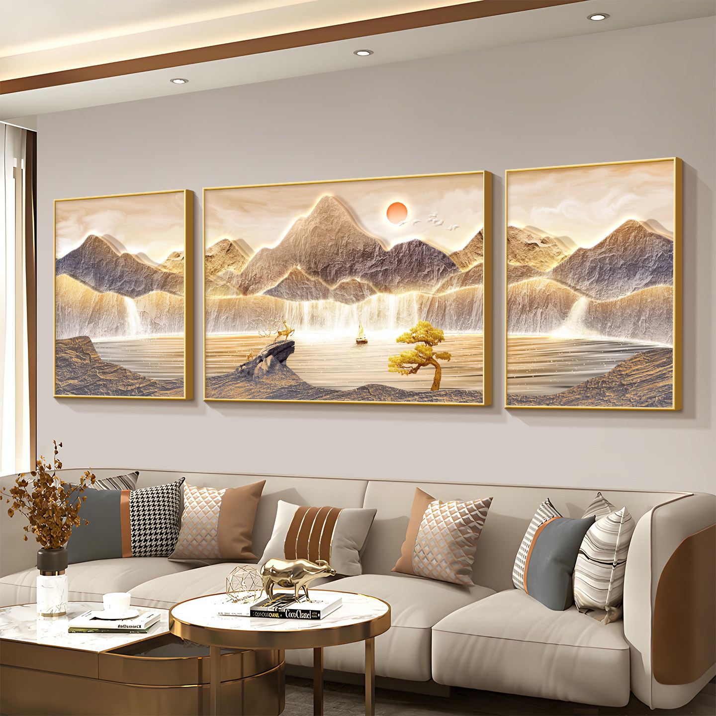 客厅2026新款挂画沙发背景装饰画墙轻奢高级感山水画三联餐厅壁画