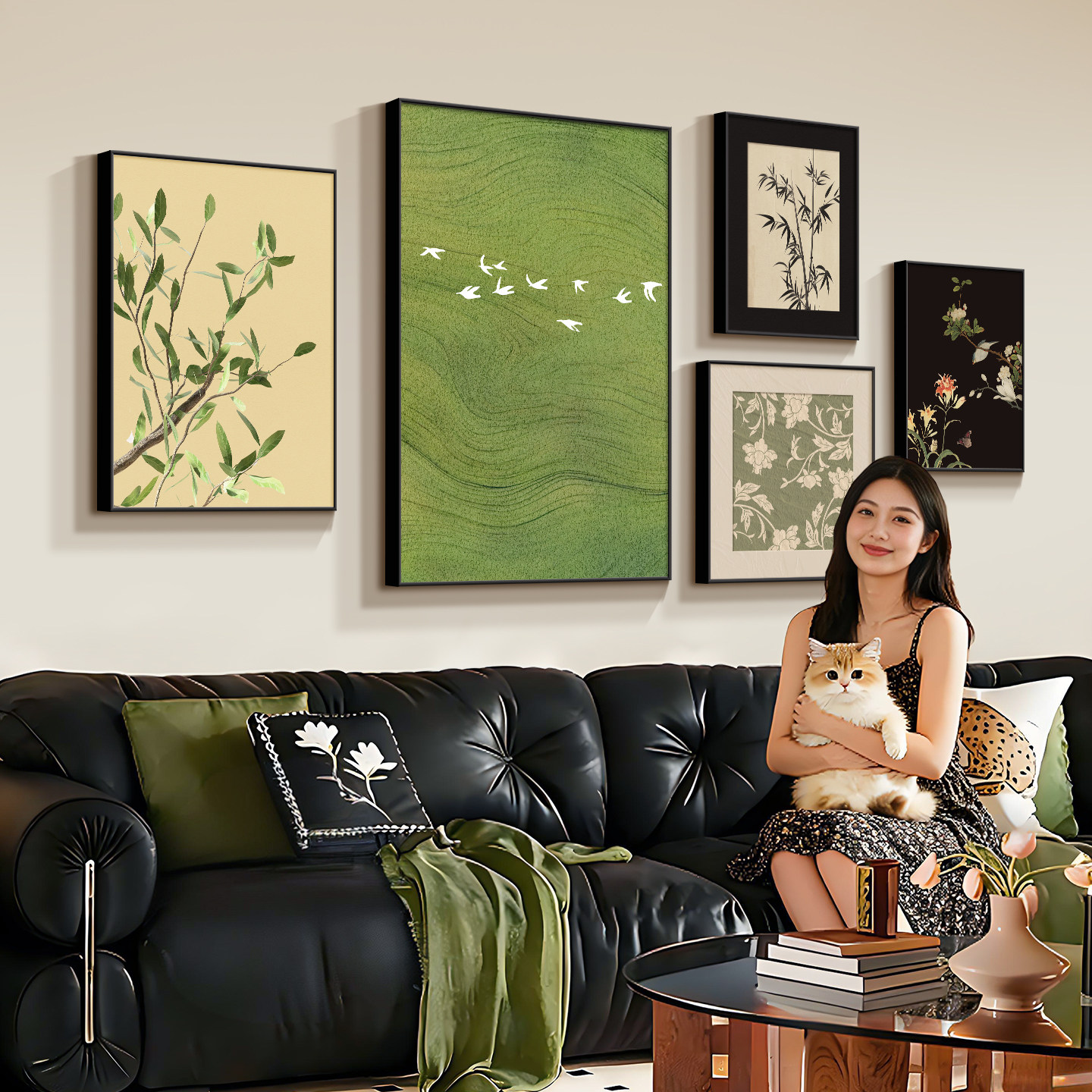 中古风客厅装饰画2026新款绿色高级感壁画抽象大气沙发背景墙挂画