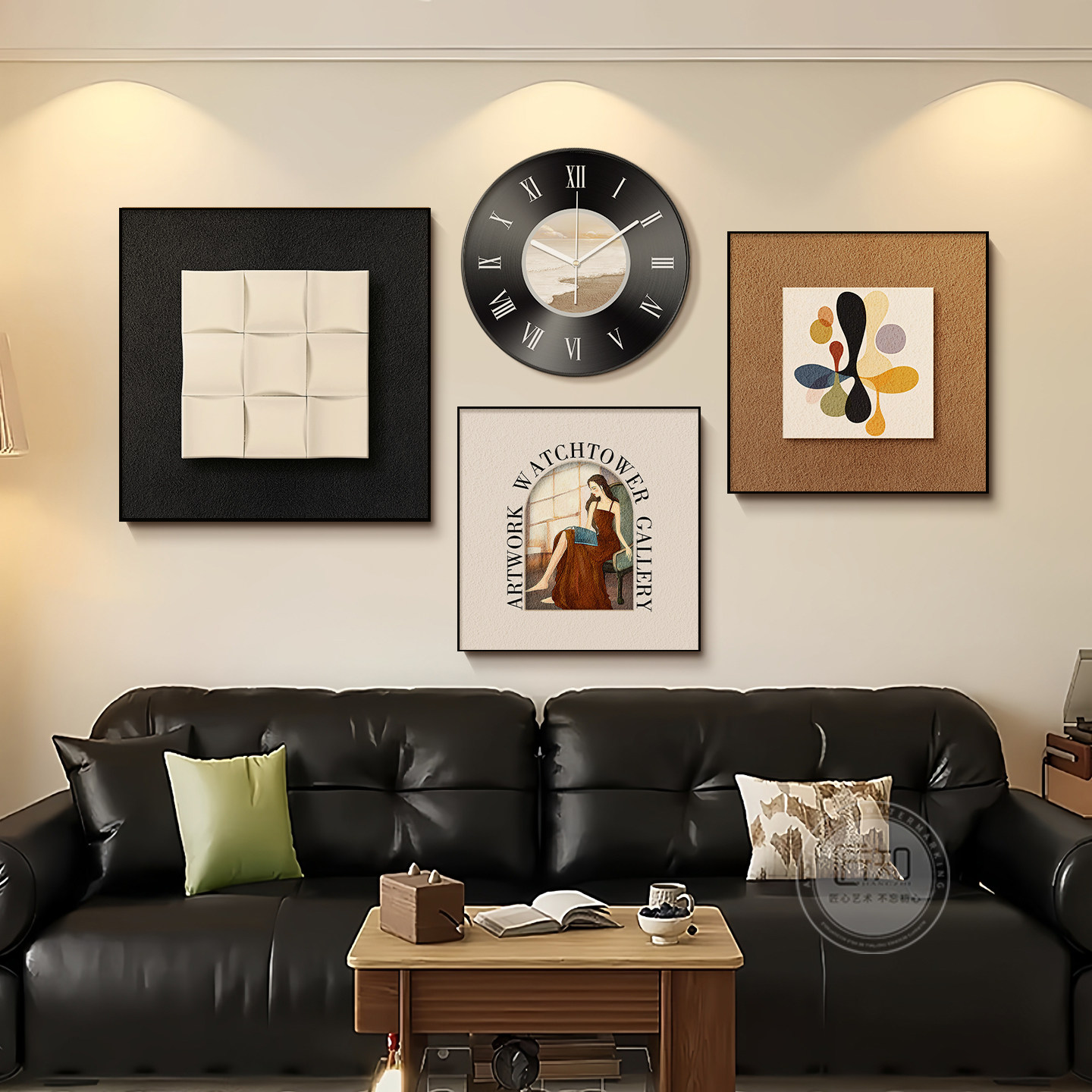 沙发背景墙装饰画2026新款轻奢高级感立体实木客厅挂画时钟表挂墙