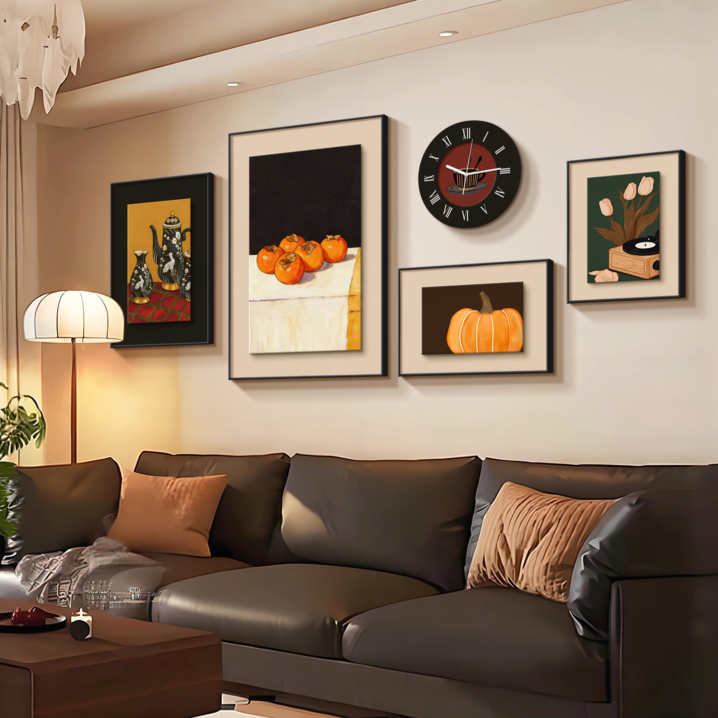 中古风客厅沙发背景墙装饰画奶油中古风挂画2026新款时钟挂钟表