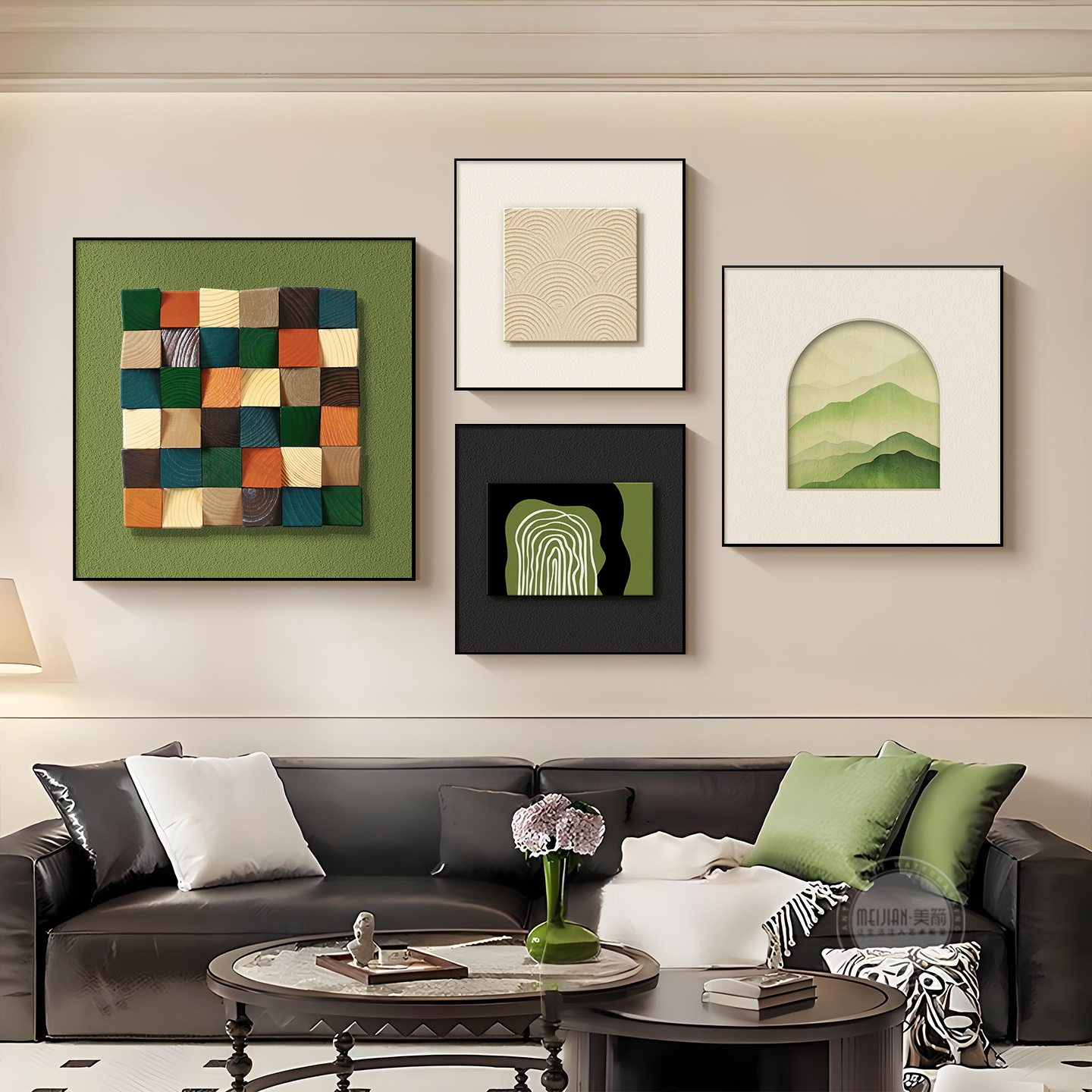 沙发背景墙3d立体壁画奶油中古风绿色实木装饰画客厅复古肌理挂画图片