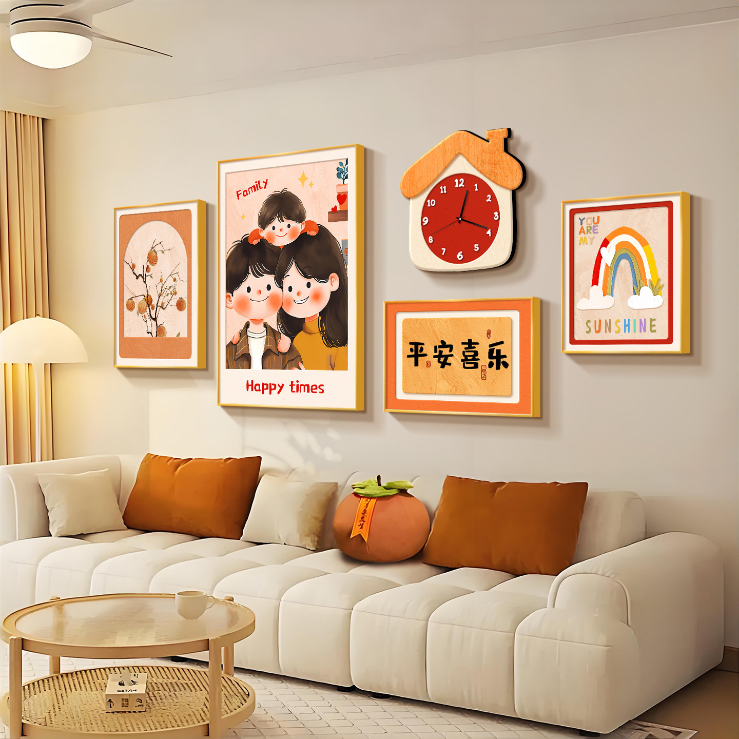 一家三口沙发背景墙装饰画中古风2026新款钟表挂钟客厅挂画壁画
