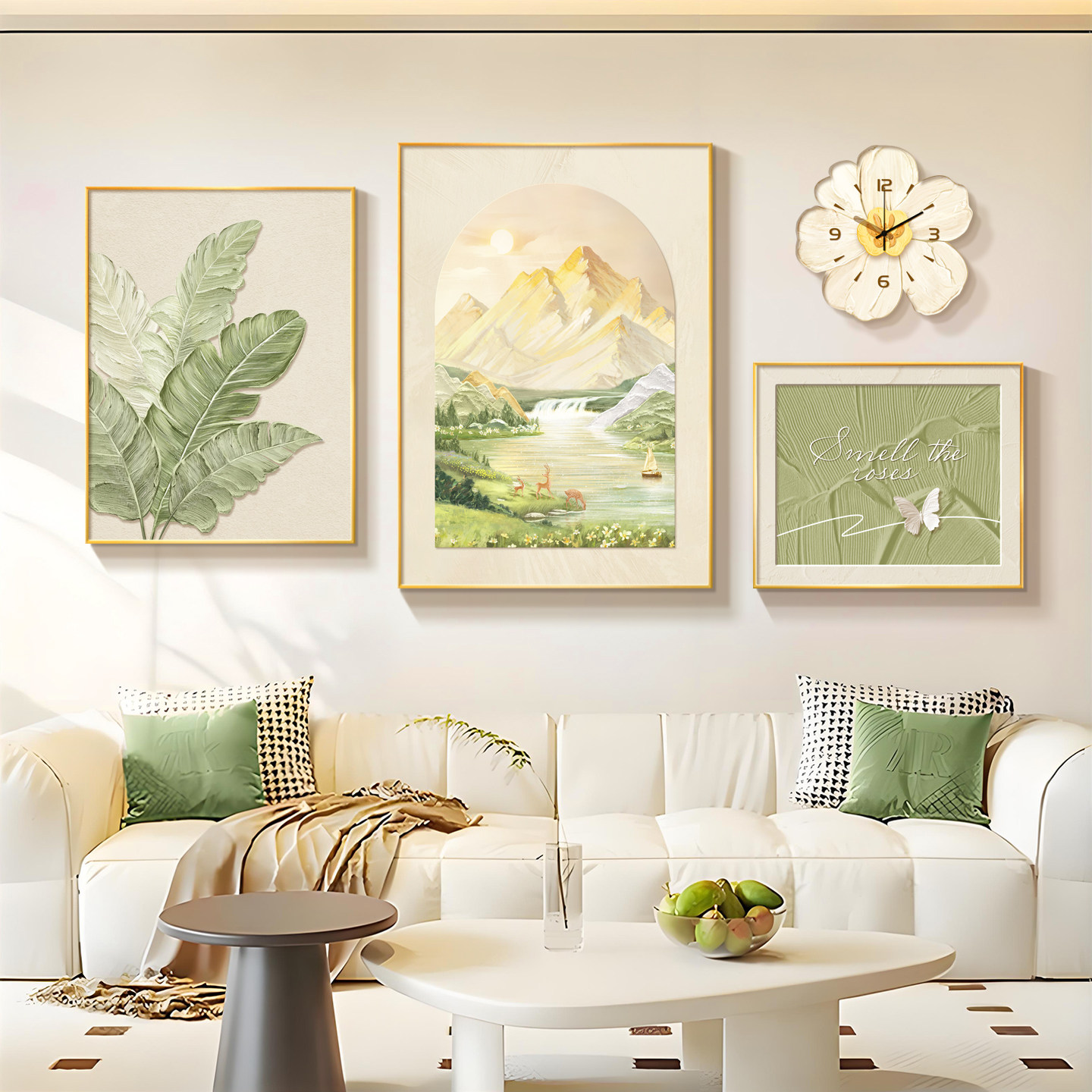 奶油风日照金山客厅装饰画2026新款组合沙发背景墙挂画壁画带钟表