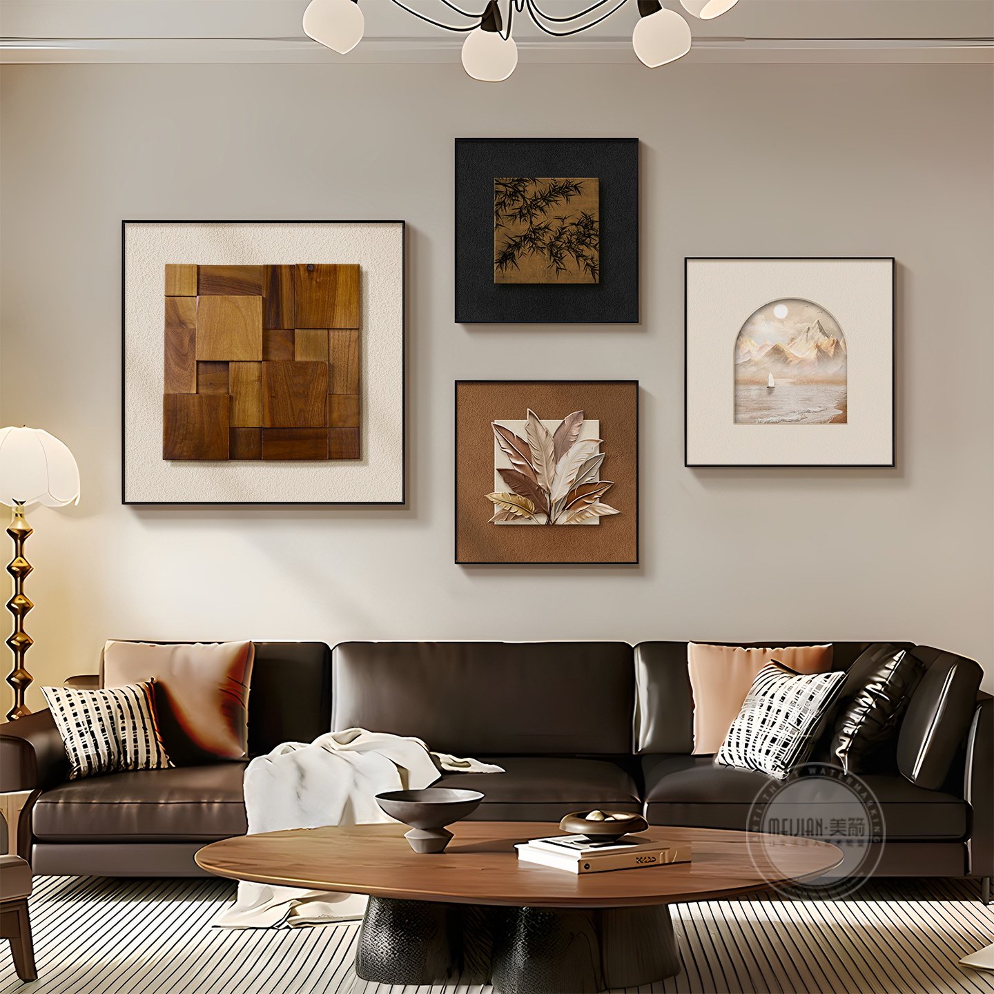 客厅背景墙装饰画双层立体砂岩实物画2026新款中古风沙发墙面挂画