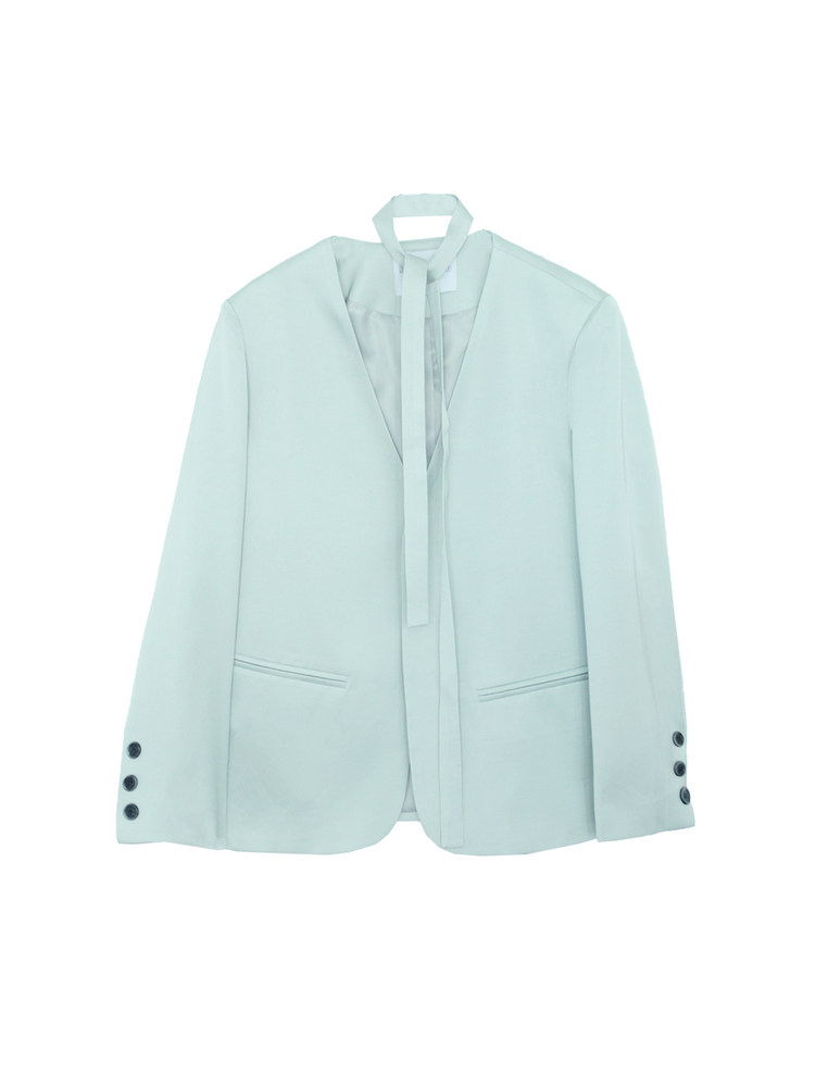 Light mint blazer jacket laid flat on a white background
