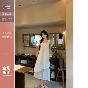 女優雅不規則下擺拼紗連衣裙 佐佐家小個子氣質方領背心長裙子夏季