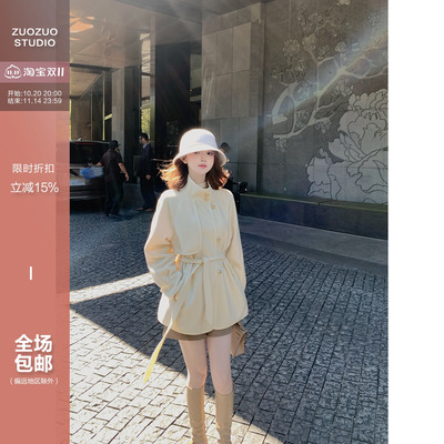 立领系带收腰双面呢外套