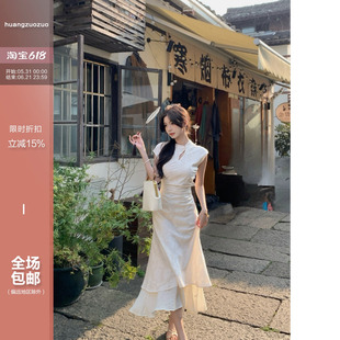佐佐家小个子新中式网纱拼接改良旗袍长裙女春夏季不规则连衣裙子