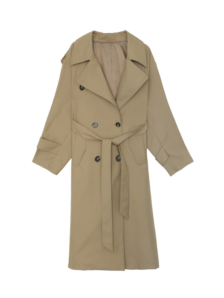 Beige trench coat displayed on a white background